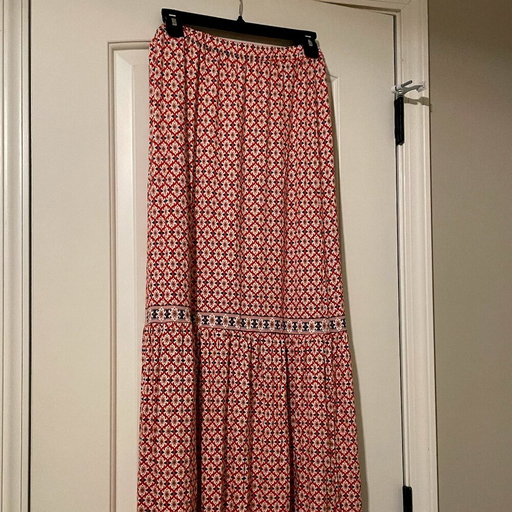 Sophie Max Studio Coral-Multi Tiered Stretch Jersey Maxi Skirt (Pre-Owned)
